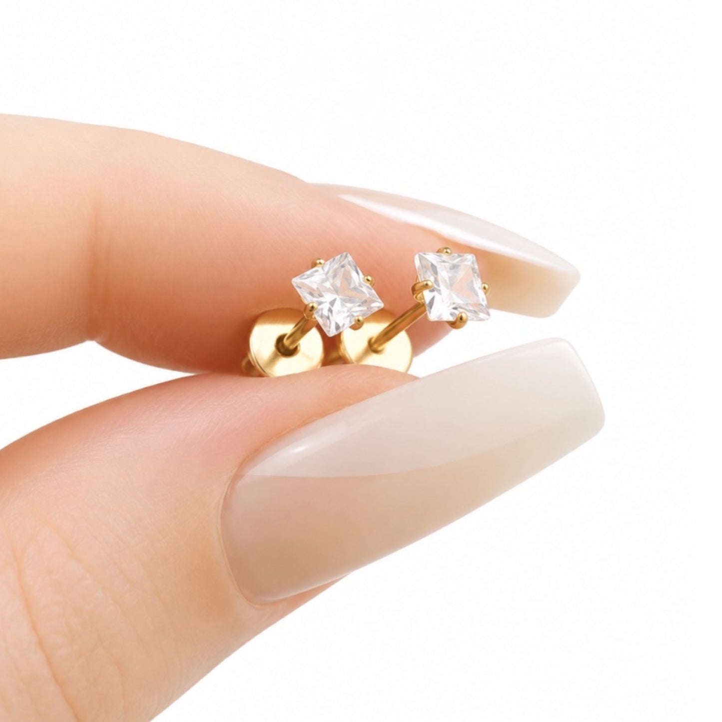 Gold Square CZ Flat Back Stud Earrings