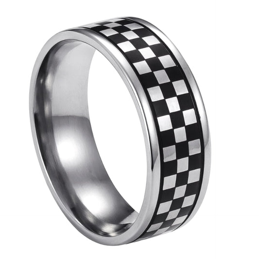 Black Silver Checkerboard Stainless Steel Band Ring Punk Skate Y2K
