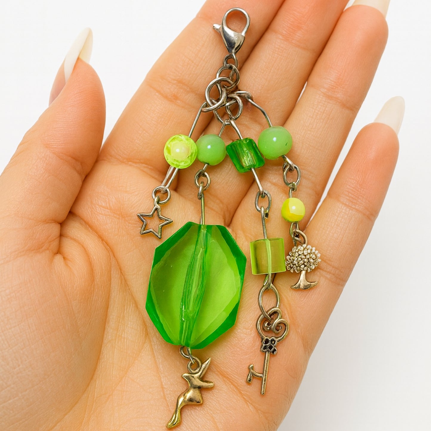 Artisan Handmade Green Beaded Bag Charm – Fairy, Star, Key & Tree of Life | Solei Charm Co.