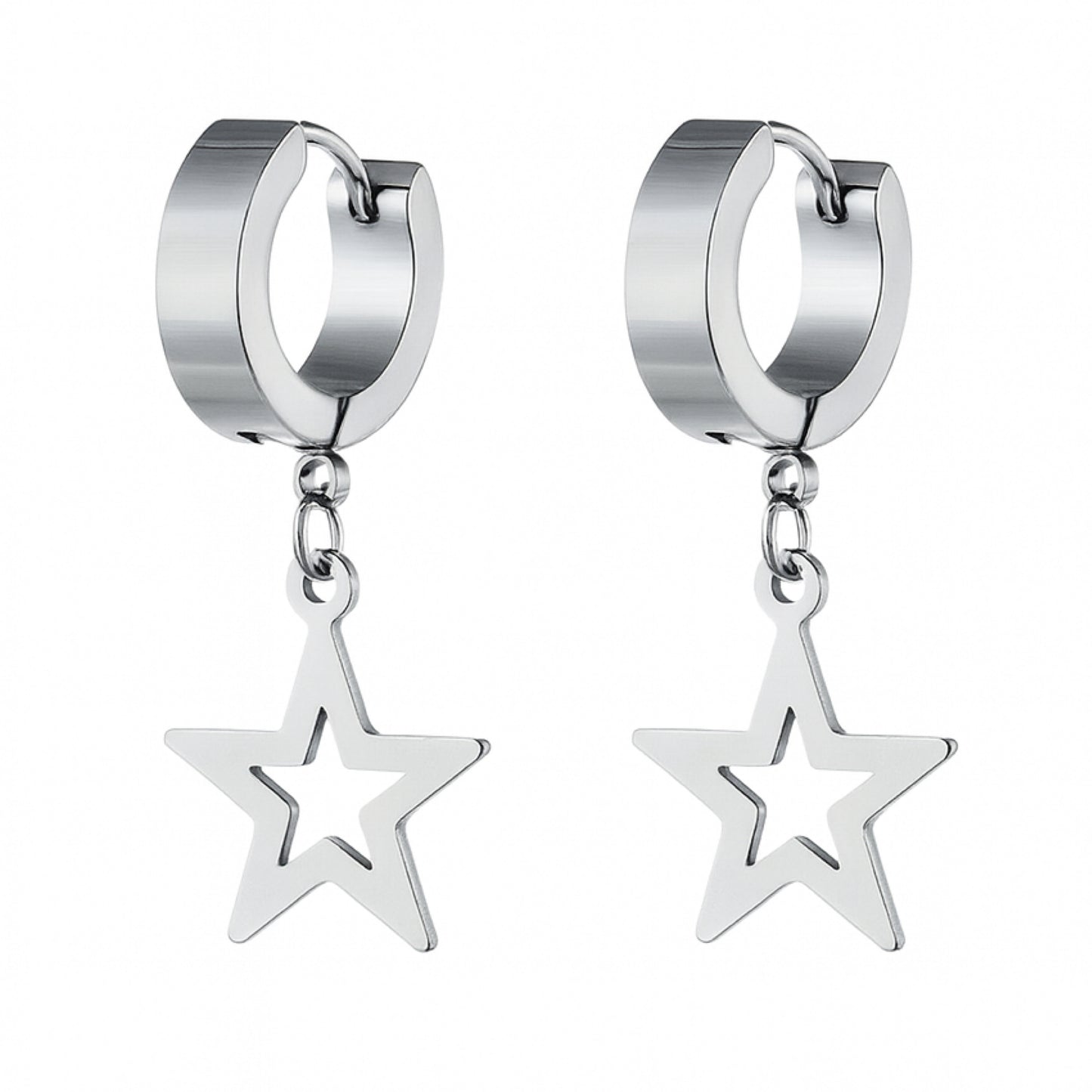 Silver Star Dangle Hoop Earrings – Punk Y2K Stainless Steel Huggie Hoops