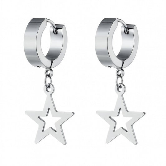 Silver Star Dangle Hoop Earrings – Punk Y2K Stainless Steel Huggie Hoops