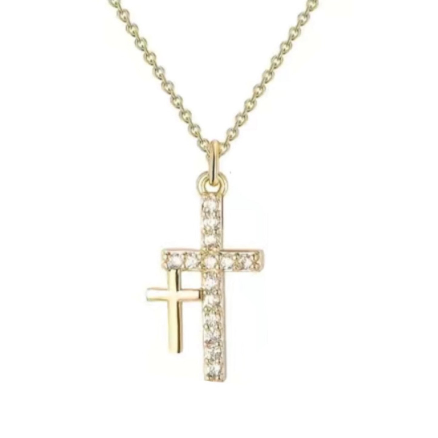 Tiny Gold CZ Covered Double Cross Necklace