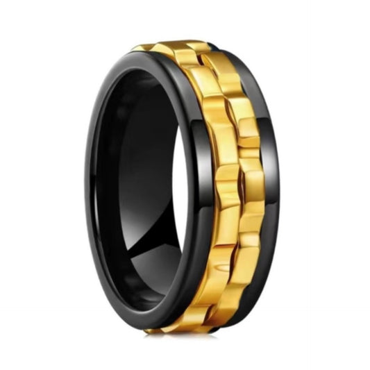 Men’s Black Stainless Steel Spinner Ring with Gold Gear Inlay – 8mm Band