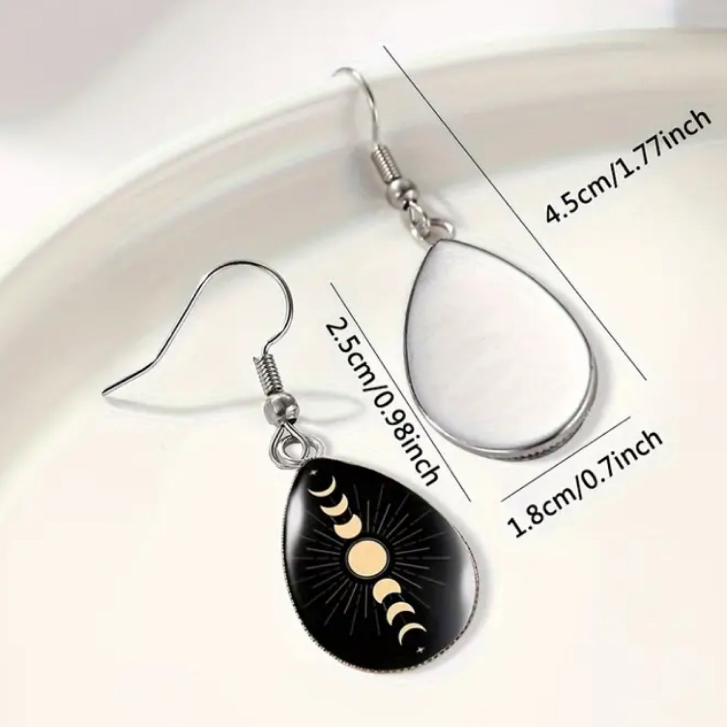 Black Moon Phase Glass Teardrop Dangle Earrings