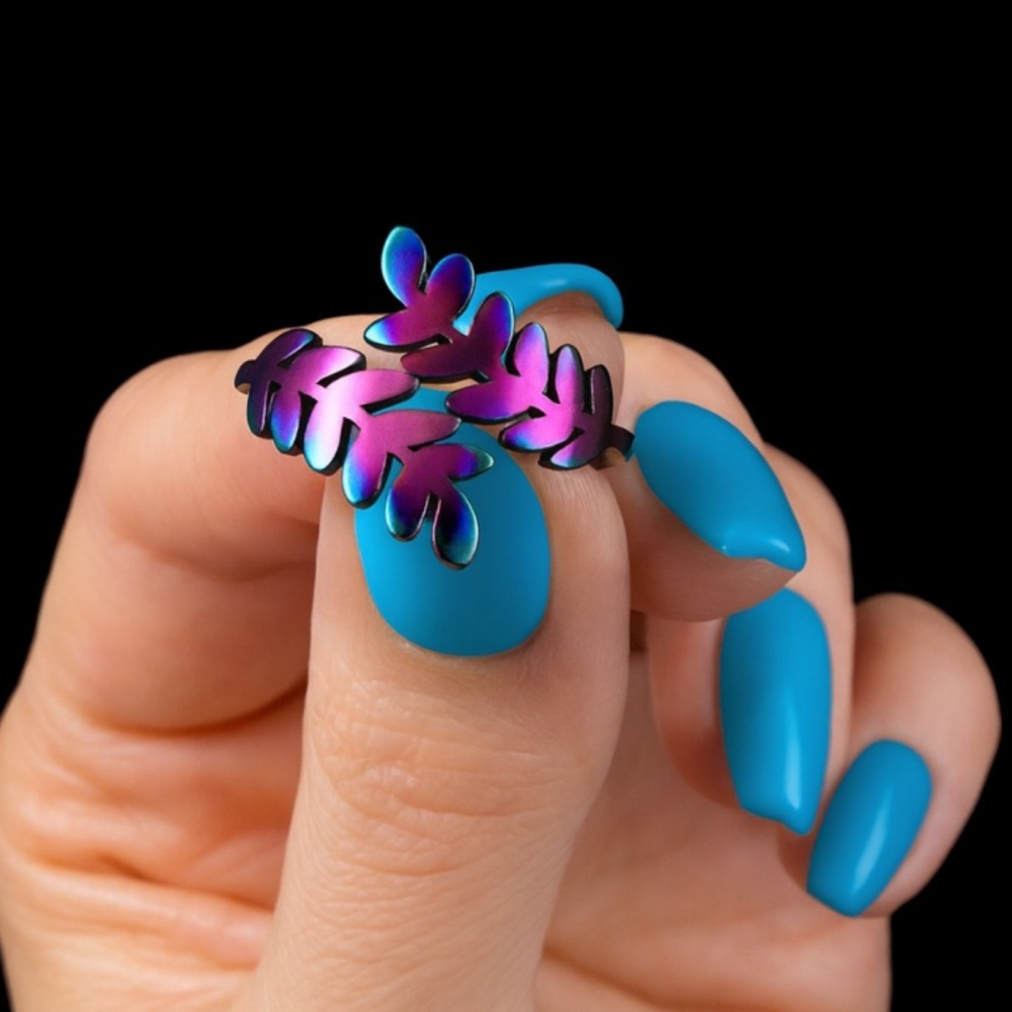 Rainbow Titanium Leaf Ring | Adjustable Boho Statement Jewelry | Festival Y2K