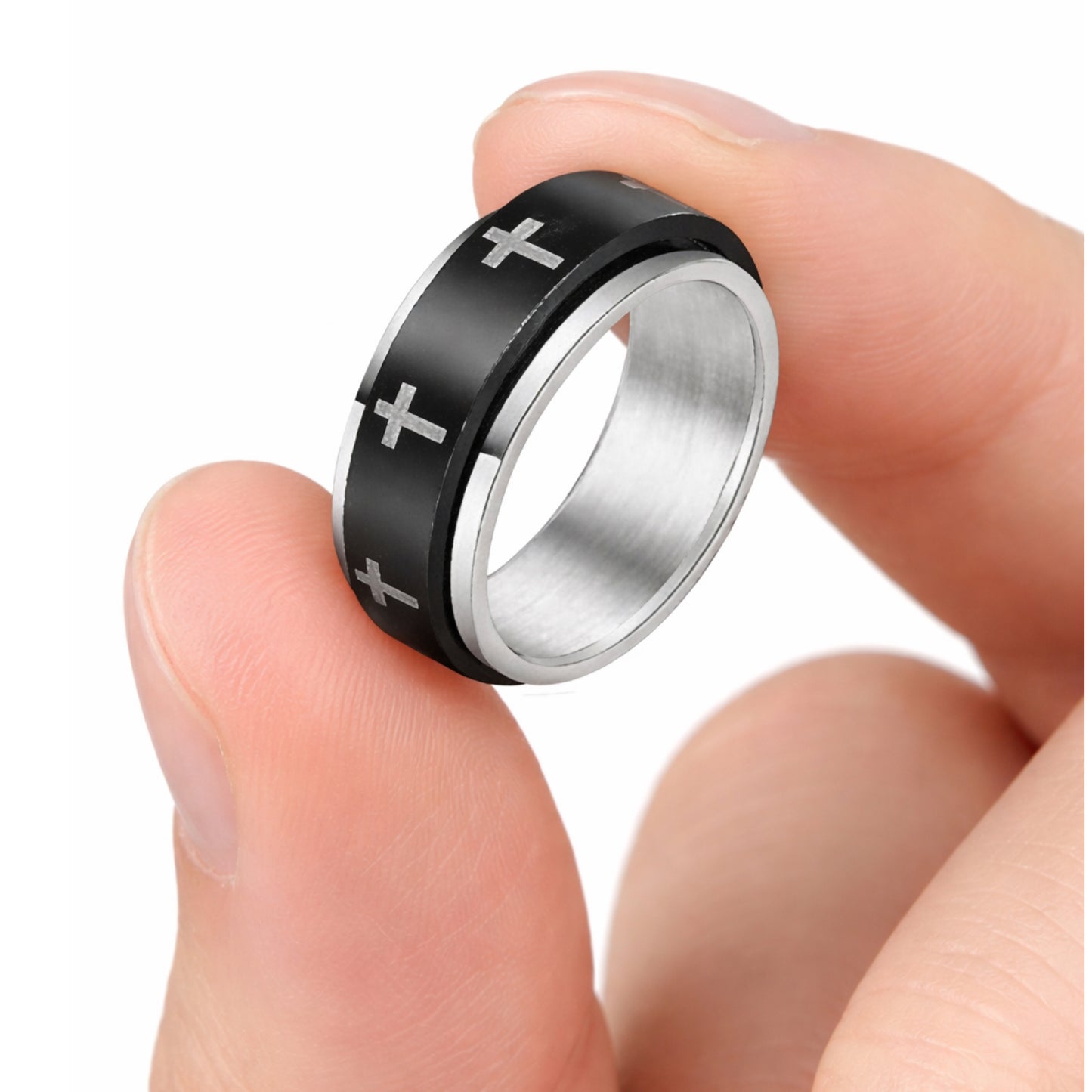 Black Cross Spinner Ring – Stainless Steel Fidget Band