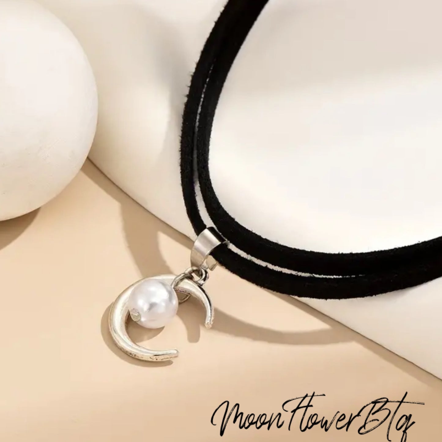 Black Silver Crescent Moon Pearl Choker