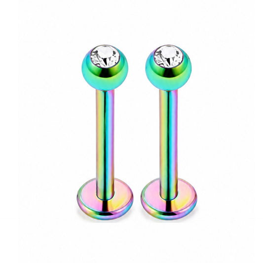 Rainbow CZ Flat Back Stud Earrings 16G 3mm