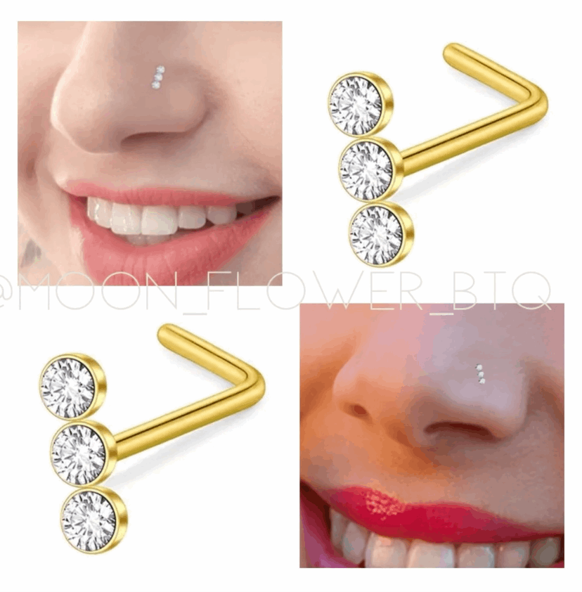 Triple CZ Gold L Shaped Nose Ring