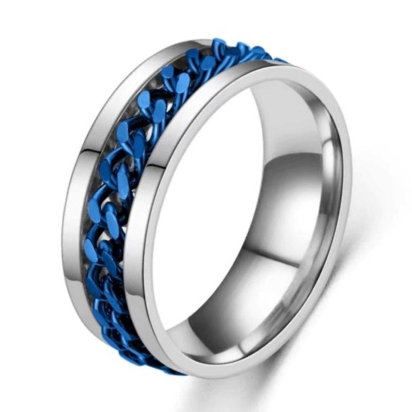 Silver Blue Chain Anxiety Fidget Spinner Ring