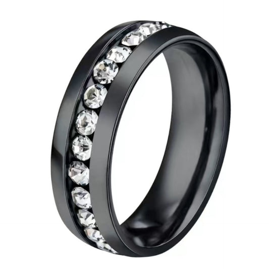 Black Stainless Steel Band Ring | Channel Set Clear CZ Stones