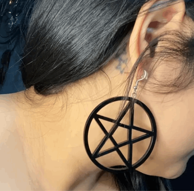 Black Dangly Pentagram Hoop Earrings