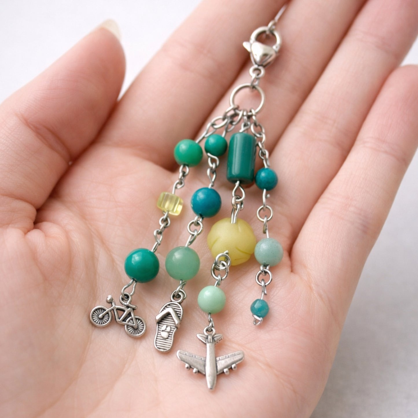 Green Beaded Travel Airplane Flip Flop Charm - Keychain Bag Charm Zipper Pull
