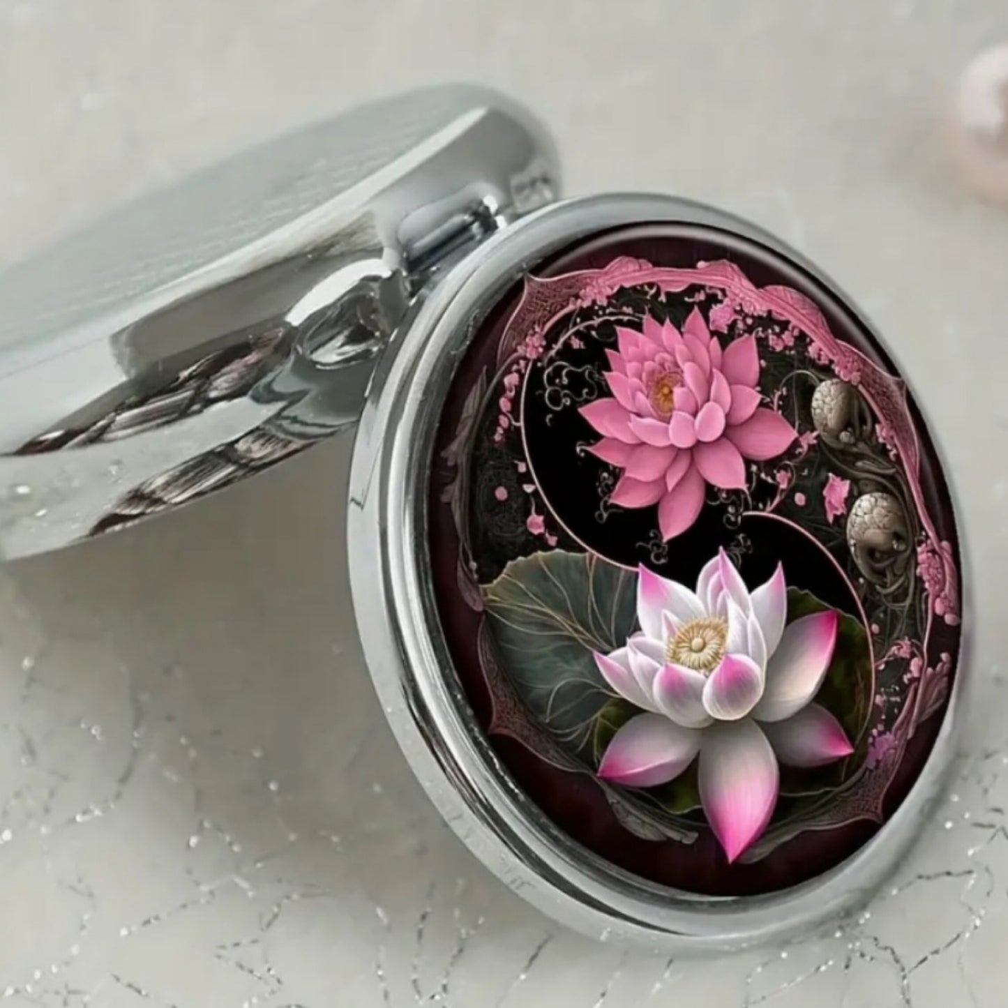 Pink Lotus Yin Yang Round Pill Box – 3 Compartment Silver Metal Case