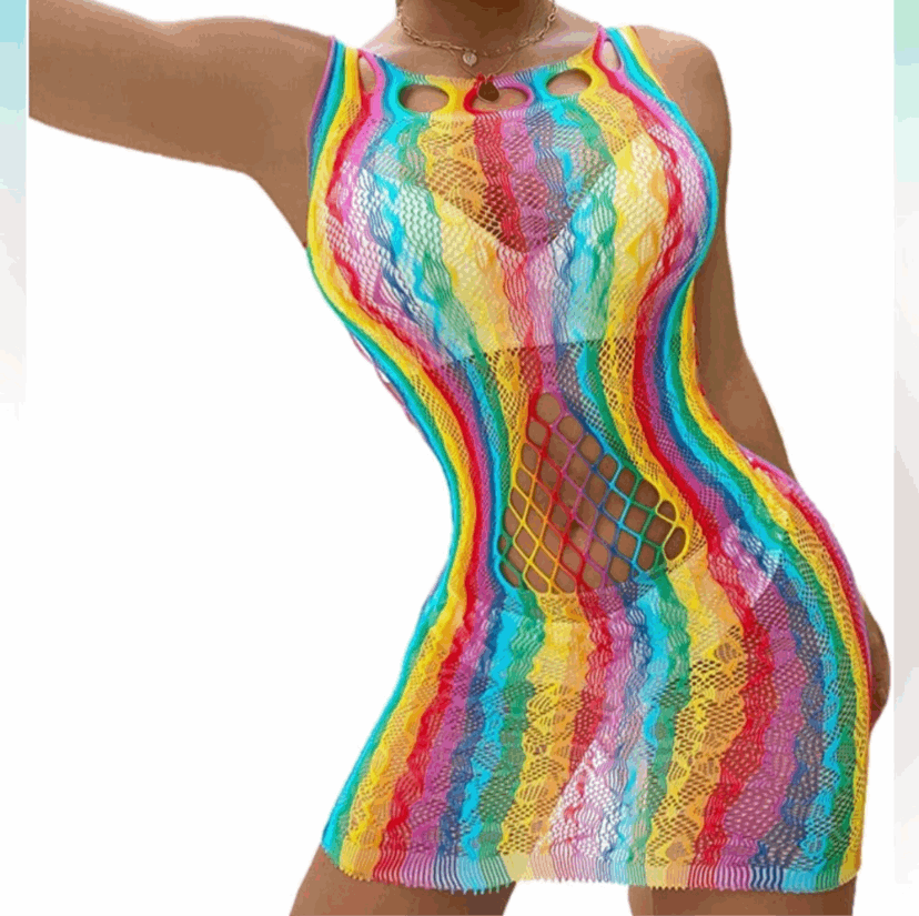 Rainbow Lace Mesh Fishnet Sleeveless Dress