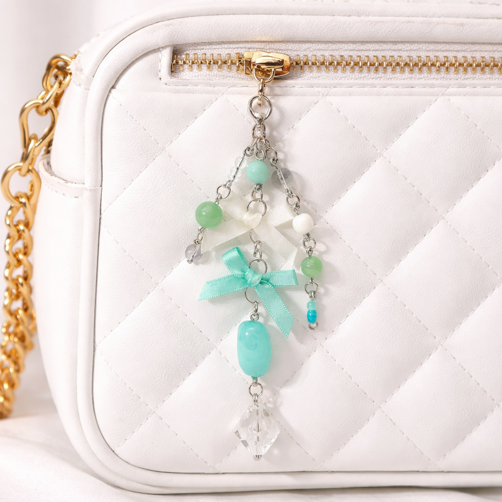 Mint Green Beaded Bow Charm - Bag Charm Keychain Zipper Pull