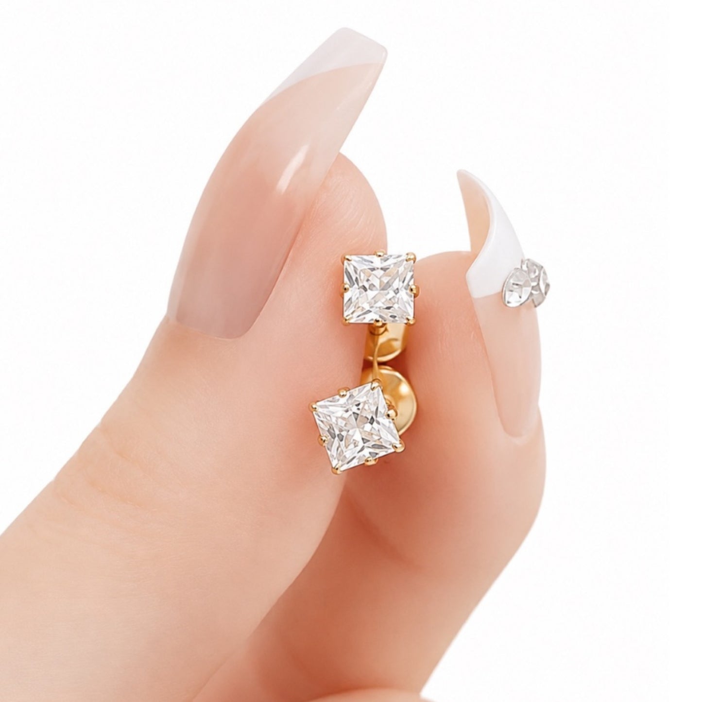 Gold Square CZ Flat Back Stud Earrings