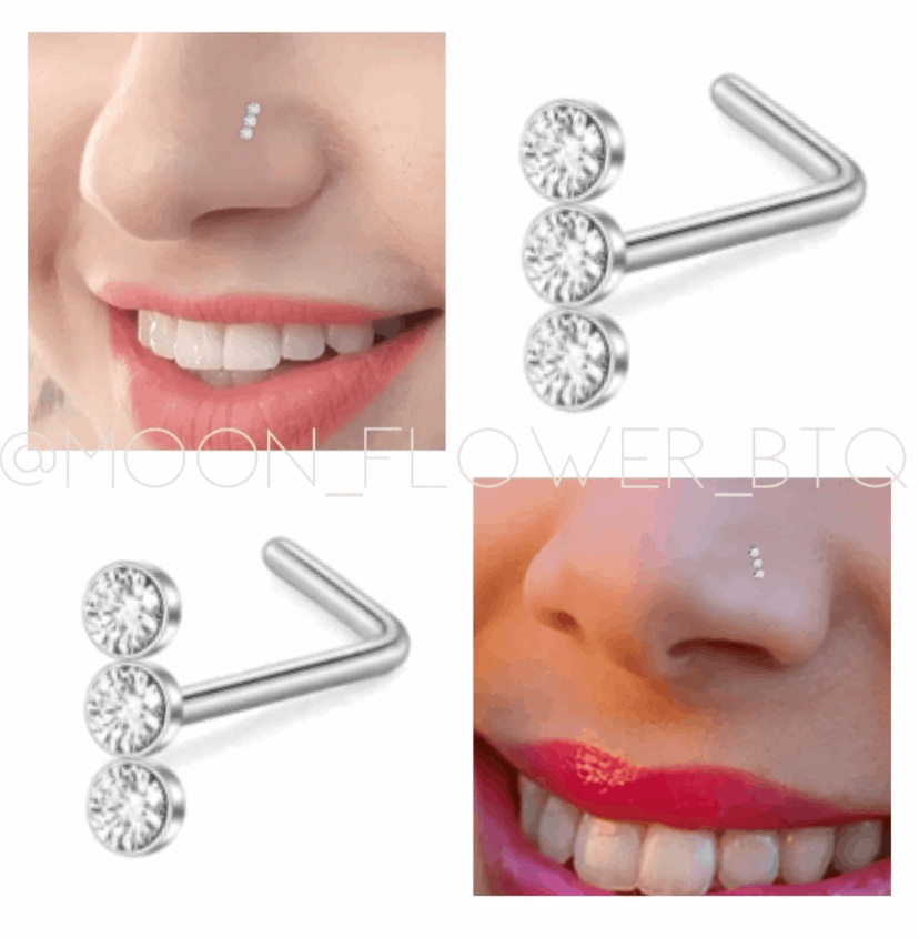 Triple CZ Silver L Shaped Nose Ring