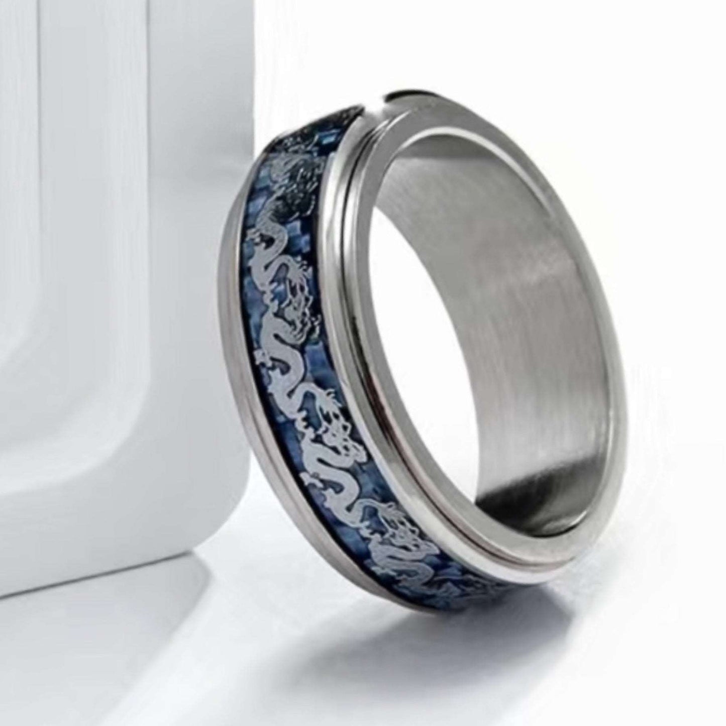 Blue & Silver Carbon Fiber Dragon Anxiety Fidget Spinner Ring