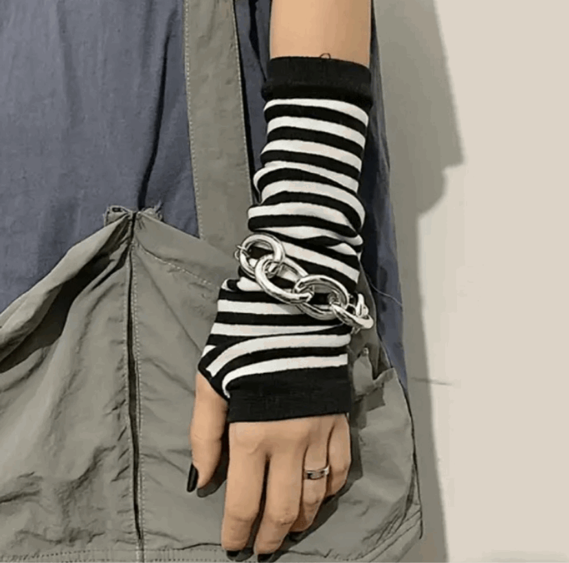 White Black Striped Long Fingerless Gloves Arm Warmers