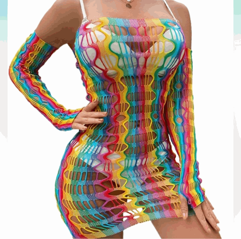 Rainbow Mesh Fishnet Dress Rave Festival Outfit Swim Cover