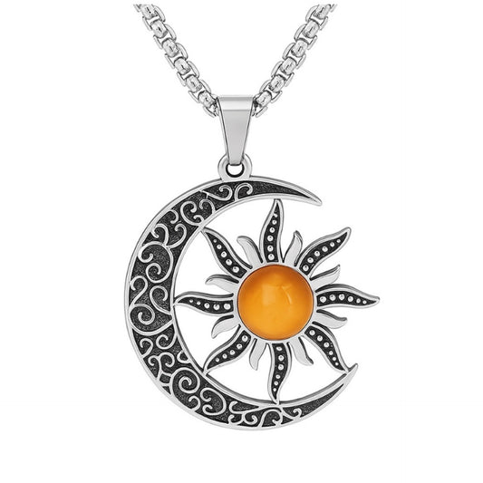Silver Crescent Moon & Sun Amber Pendant Necklace