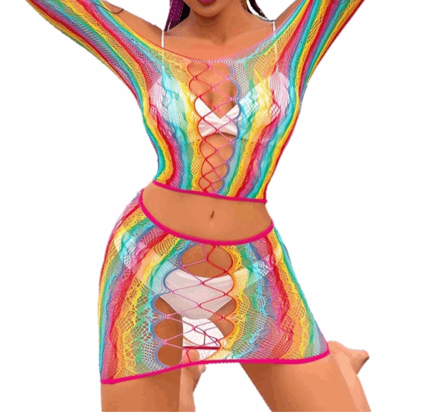 Rainbow Mesh Fishnet Dress Rave Festival Outfit Swim Cover