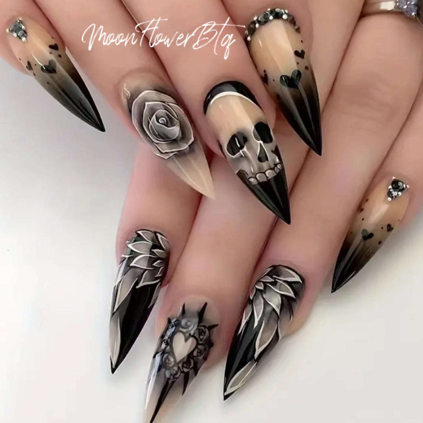 Dark Rose Skull Heart Medium Nails