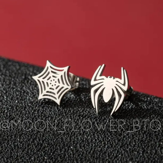 Tiny Spider and Web Stud Earrings