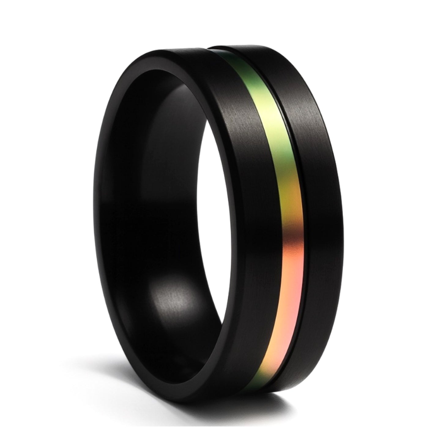 Black Tungsten Ring with Iridescent Rainbow Inlay | 8mm Comfort Fit Band