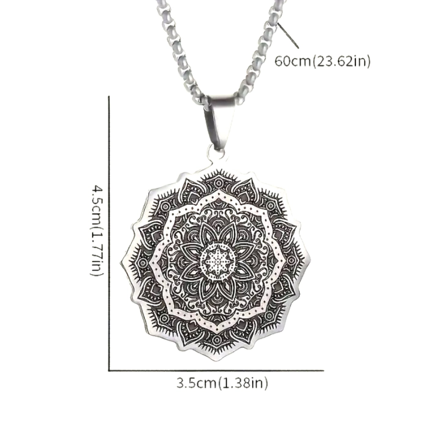 Silver Boho Mandala Flower Pendant Necklace