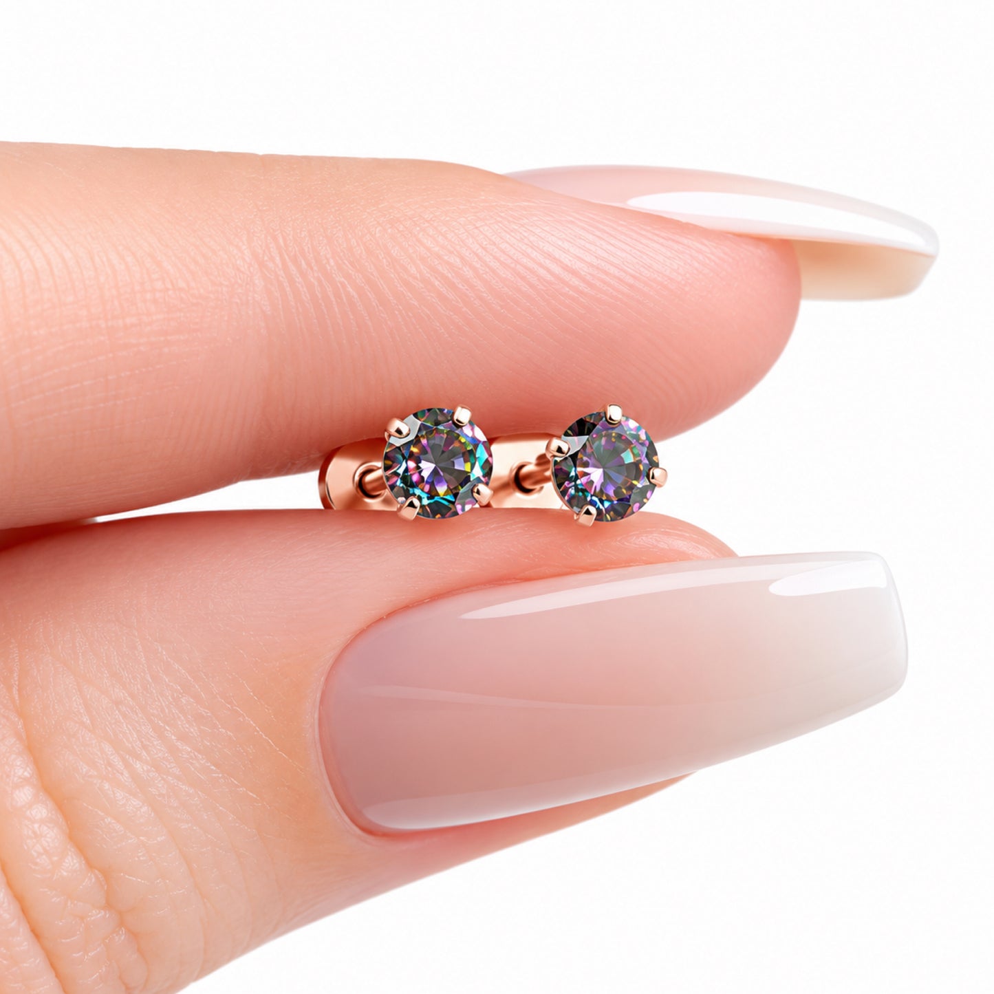 Rose Gold Rainbow CZ Flat Back Stud Earrings