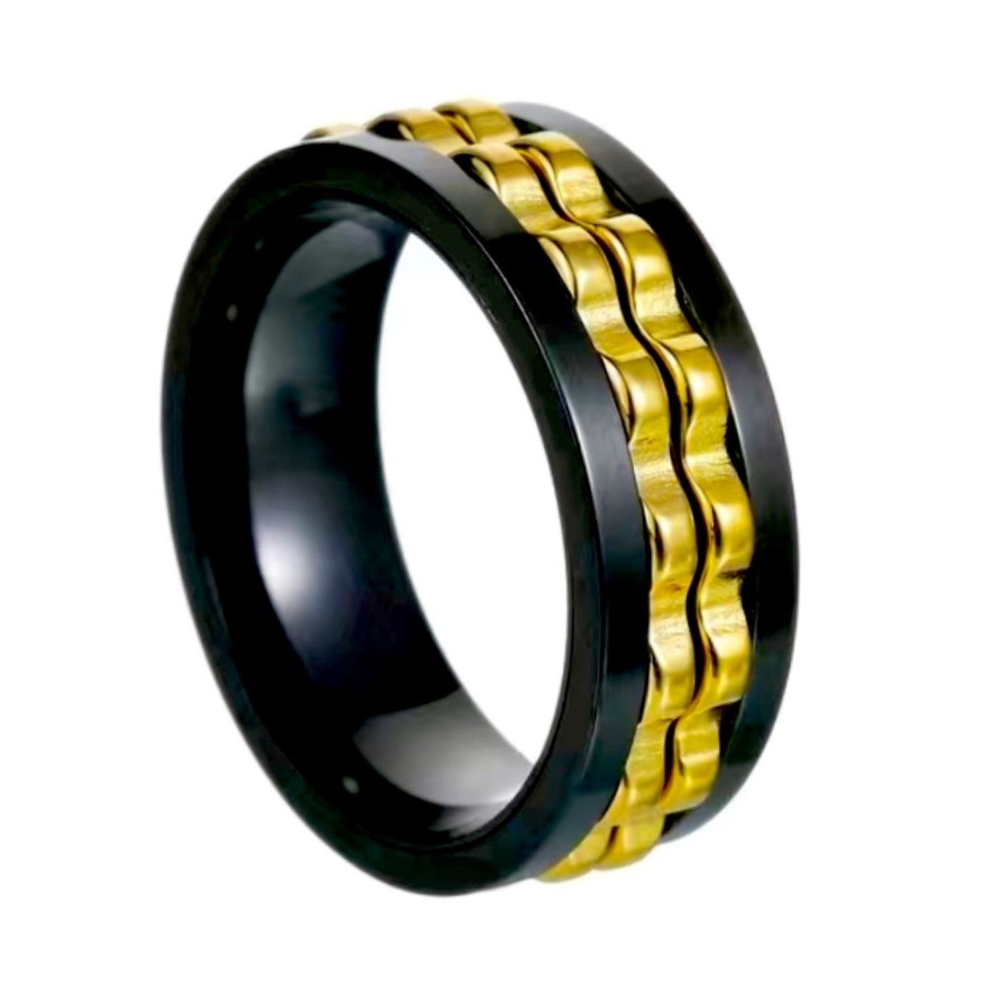 Men’s Black Stainless Steel Spinner Ring with Gold Gear Inlay – 8mm Band
