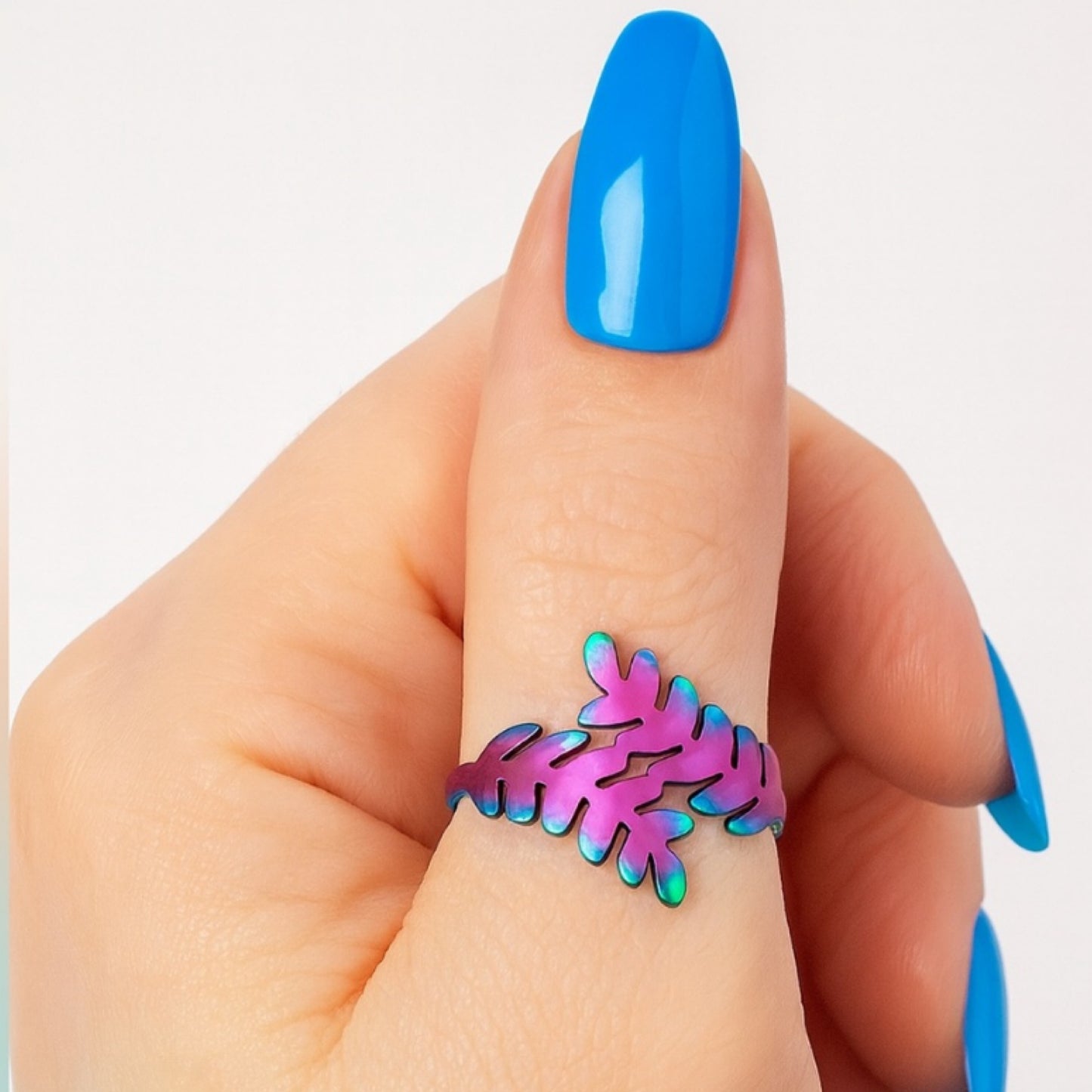 Rainbow Titanium Leaf Ring | Adjustable Boho Statement Jewelry | Festival Y2K