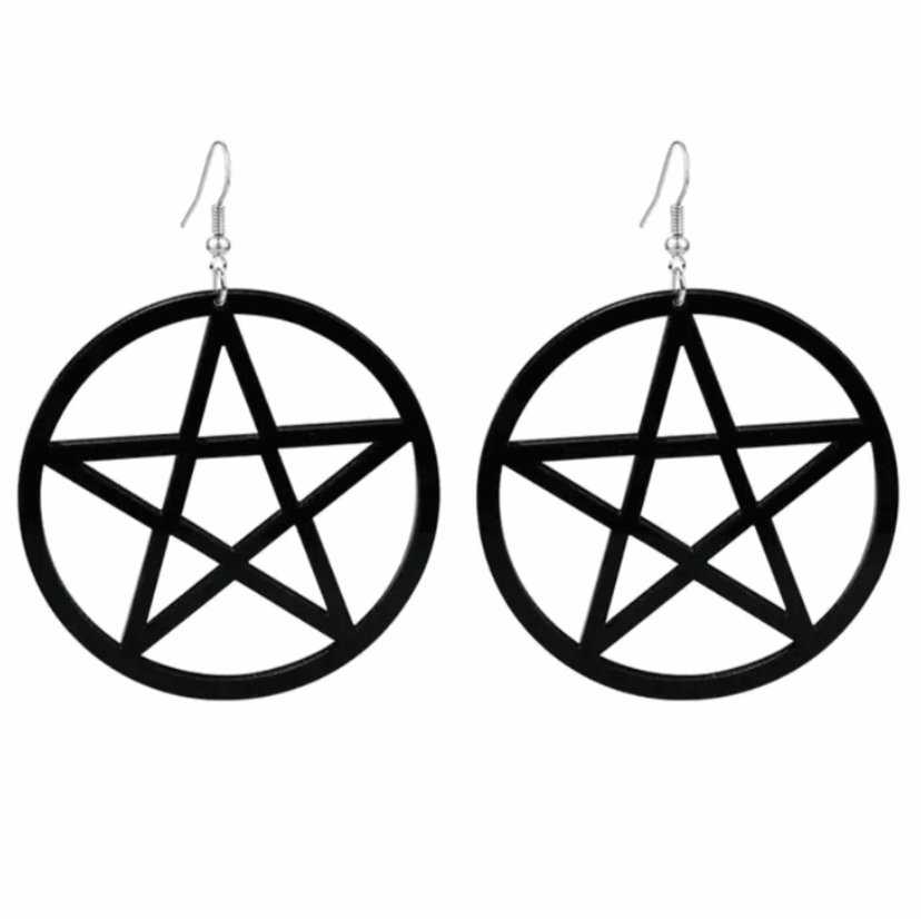 Black Dangly Pentagram Hoop Earrings