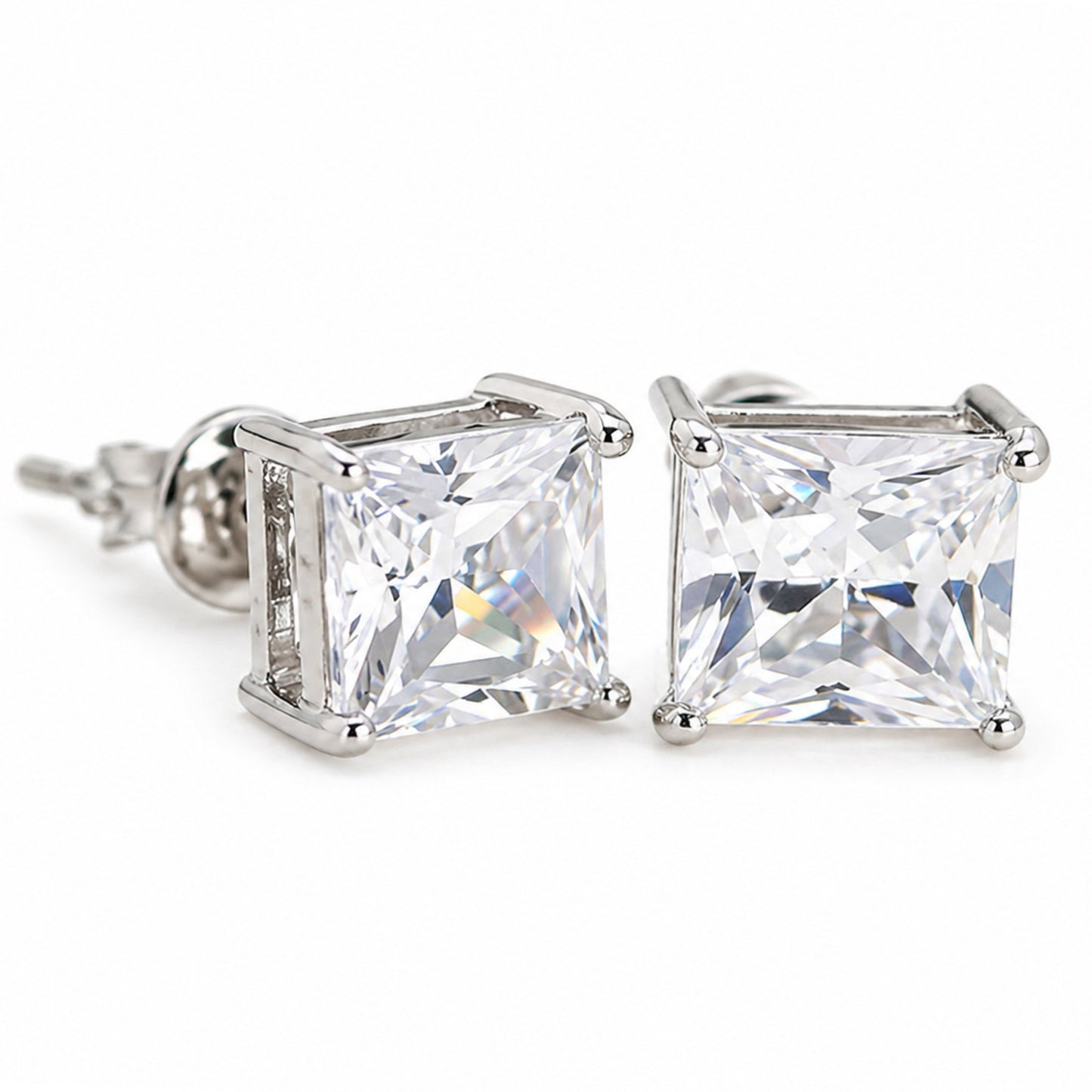 White Gold Plated Princess Cut CZ Stud Earrings
