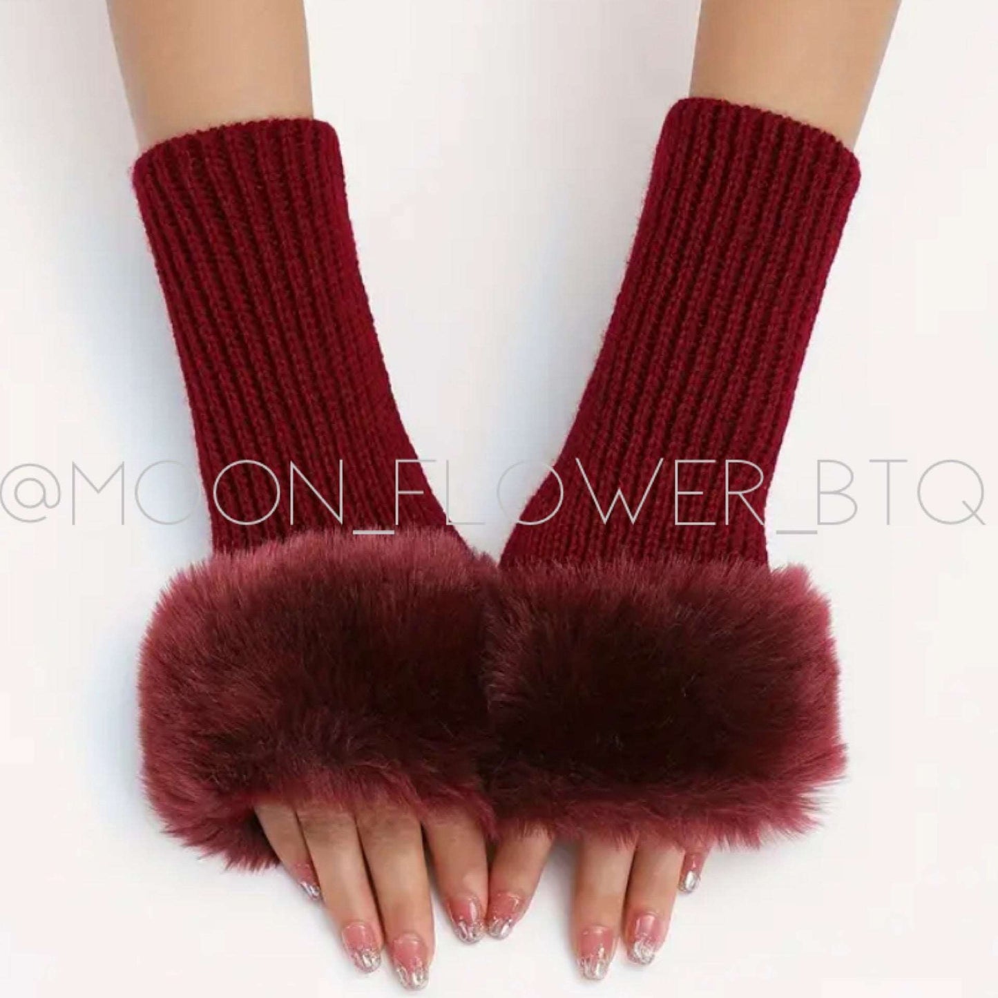 Burgundy Fur Trimmed Ribbed Knit Fingerless Gloves