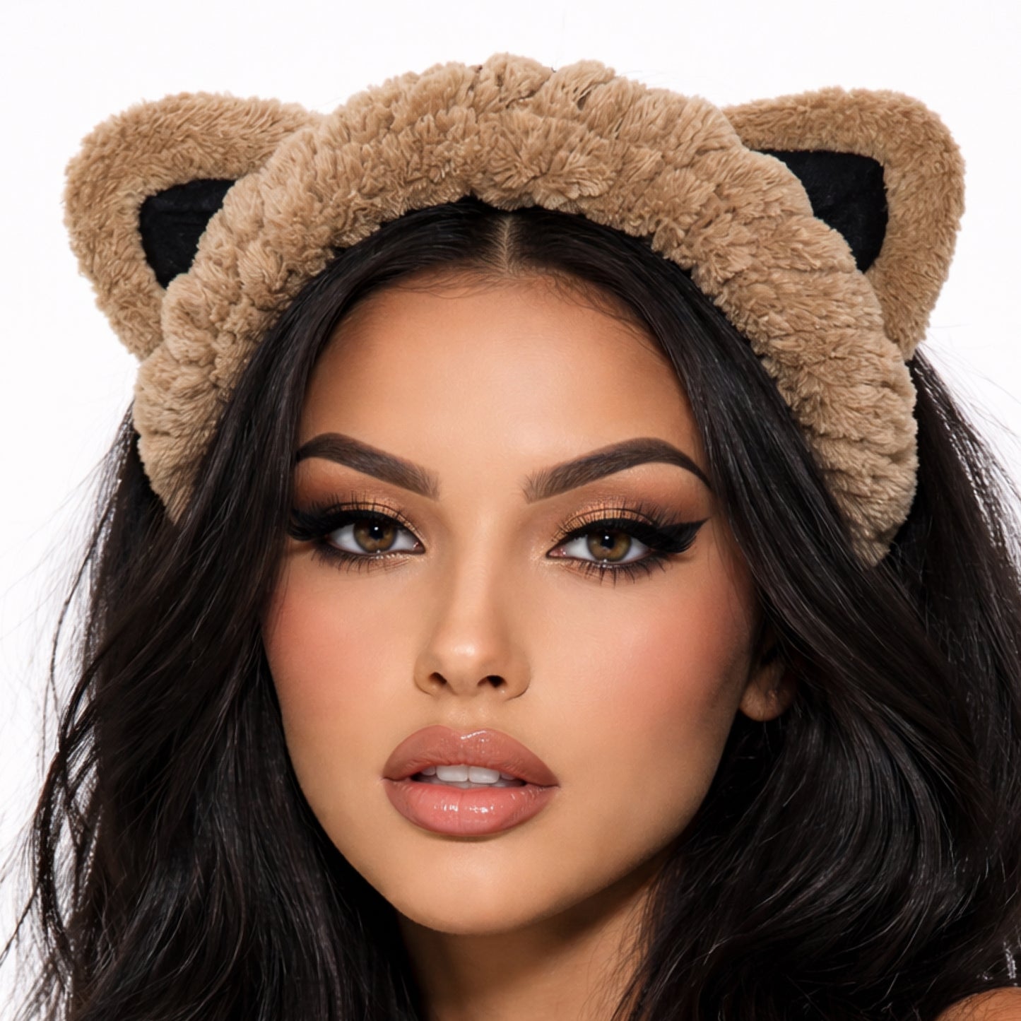 Brown Cat Ear Plush Spa Headband – Microfiber Skincare Hair Band