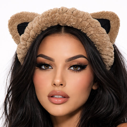 Brown Cat Ear Plush Spa Headband – Microfiber Skincare Hair Band