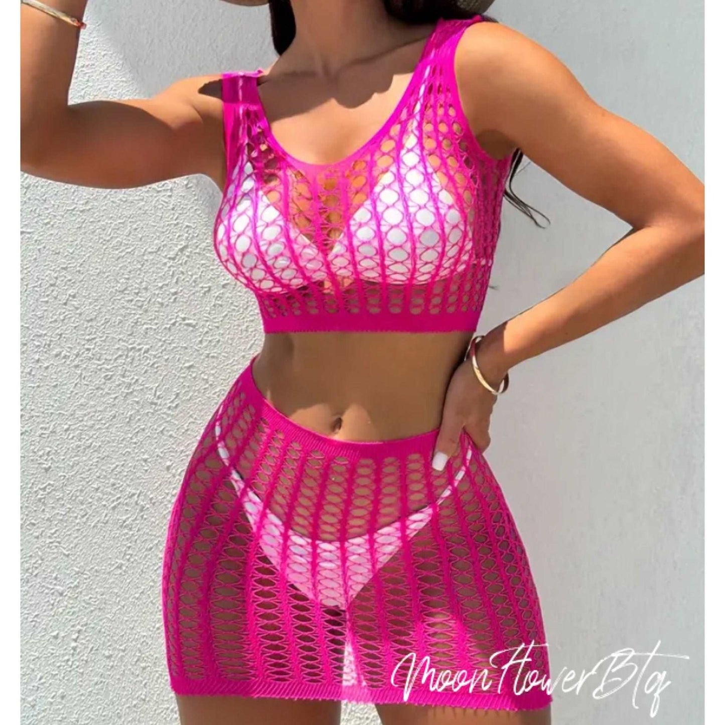 Hot Pink Sexy Fishnet Two Piece Cutout Top and Bottom Set