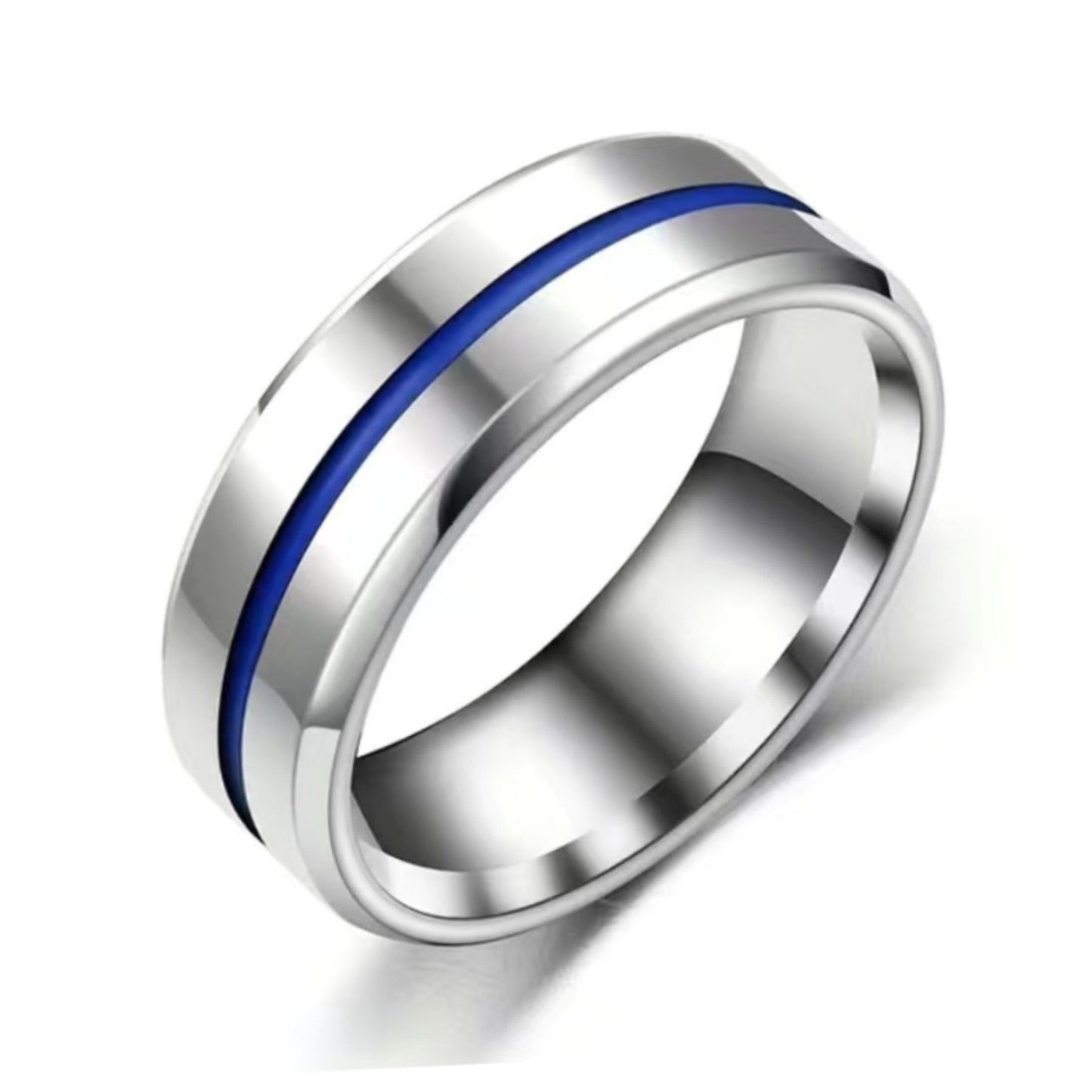 Stainless Steel Blue Groove Ring – Brushed Silver Comfort Fit Band