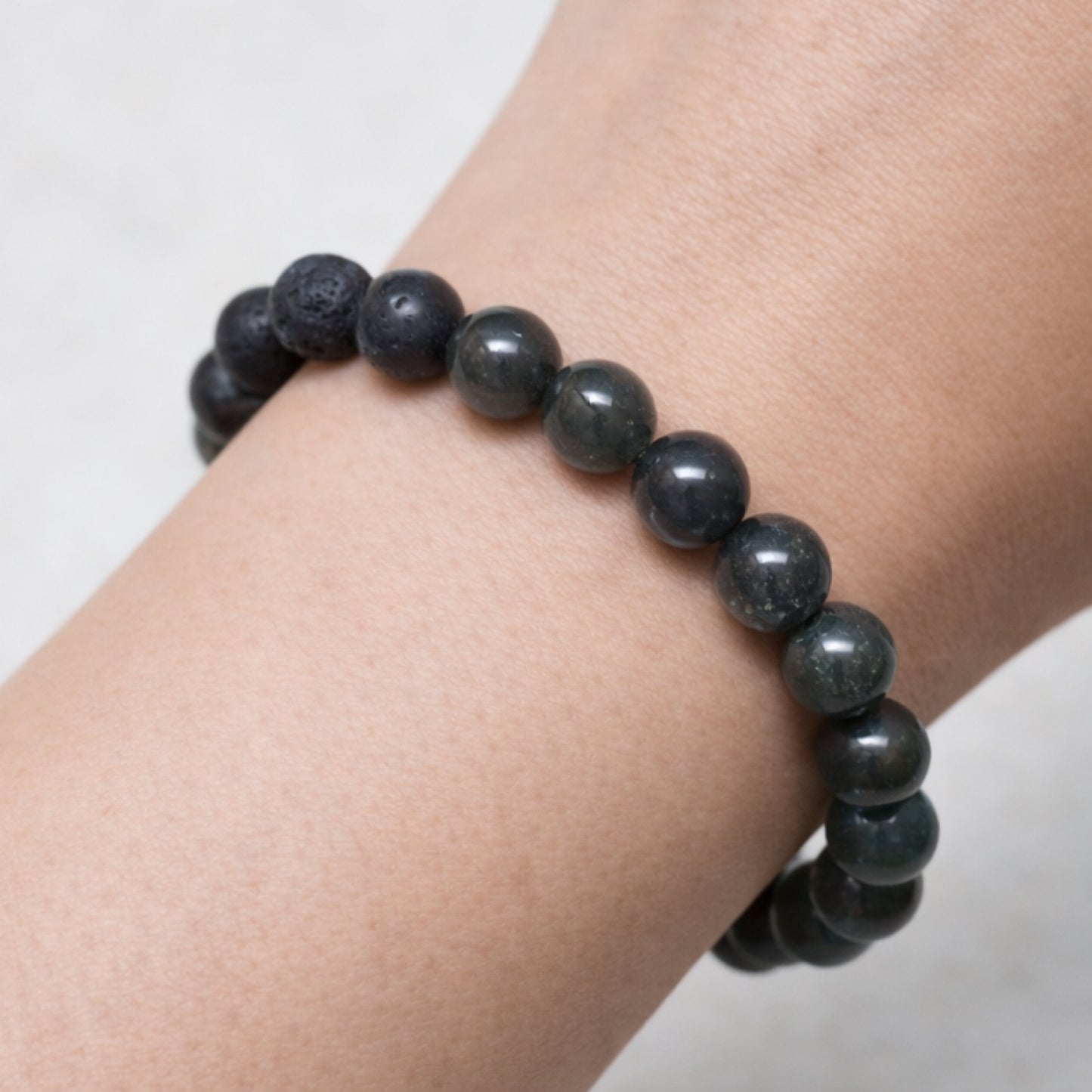Lava Stone & Moss Agate Beaded Stretch Bracelet – 8mm Gemstone Diffuser