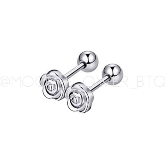 Silver Rose Bud Barbell Earrings