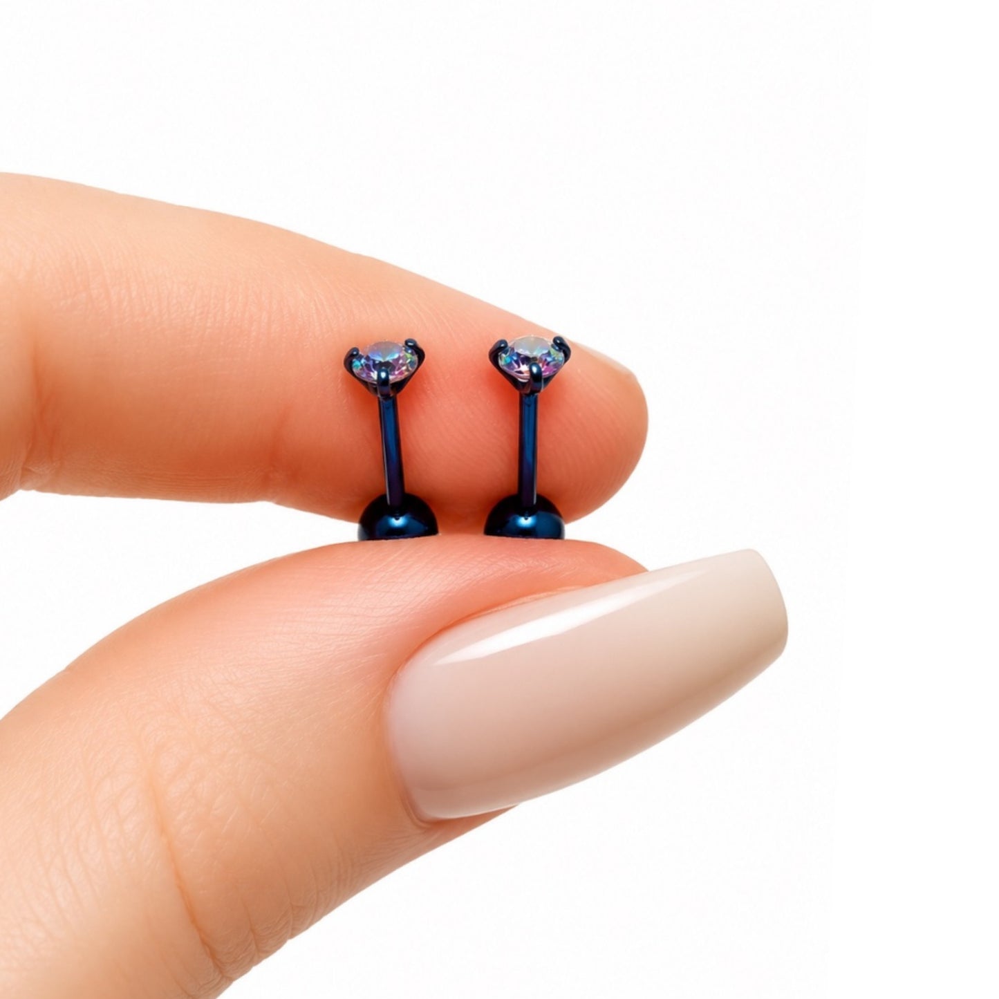 Blue Iridescent CZ Barbell Earrings – 20G Surgical Steel Studs | 3mm