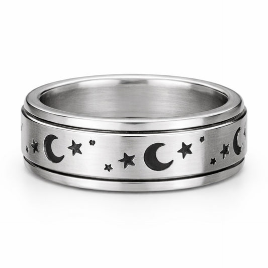 Moon & Star Fidget Spinner Ring – Stainless Steel Anxiety Band