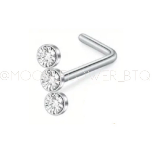 Triple CZ Silver L Shaped Nose Ring