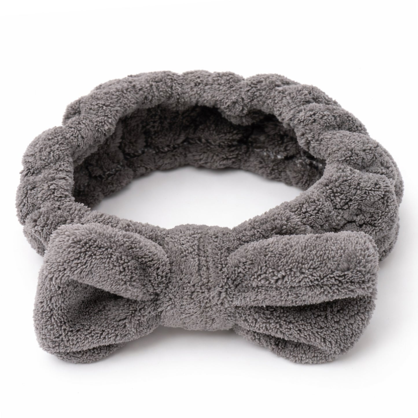 Gray Plush Bow Spa Headband – Soft Fleece Skincare & Makeup Hair Wrap