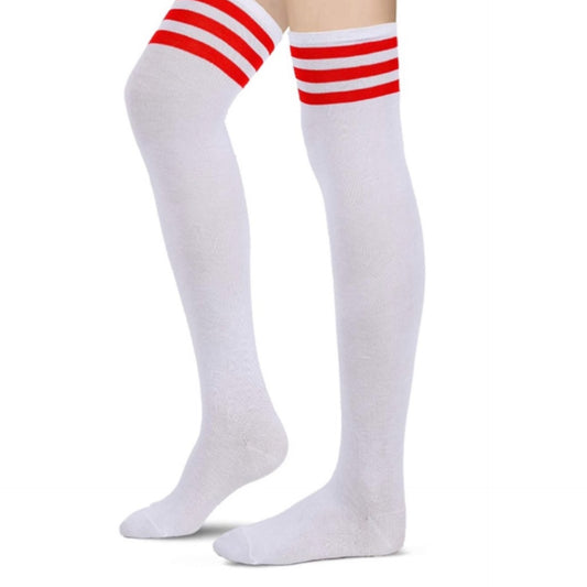 White Nylon Thigh High Stockings with Red Stripes – Retro Athletic Over the Knee Hosiery