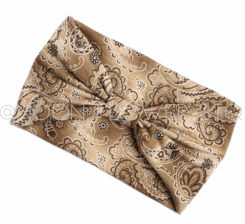 Tan Paisley Bandana Print Turban Headband Ear Warmer