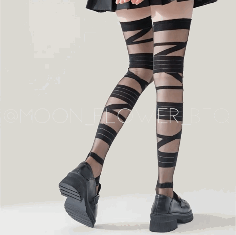 Black Strappy Thigh High Over the Knee Stockings